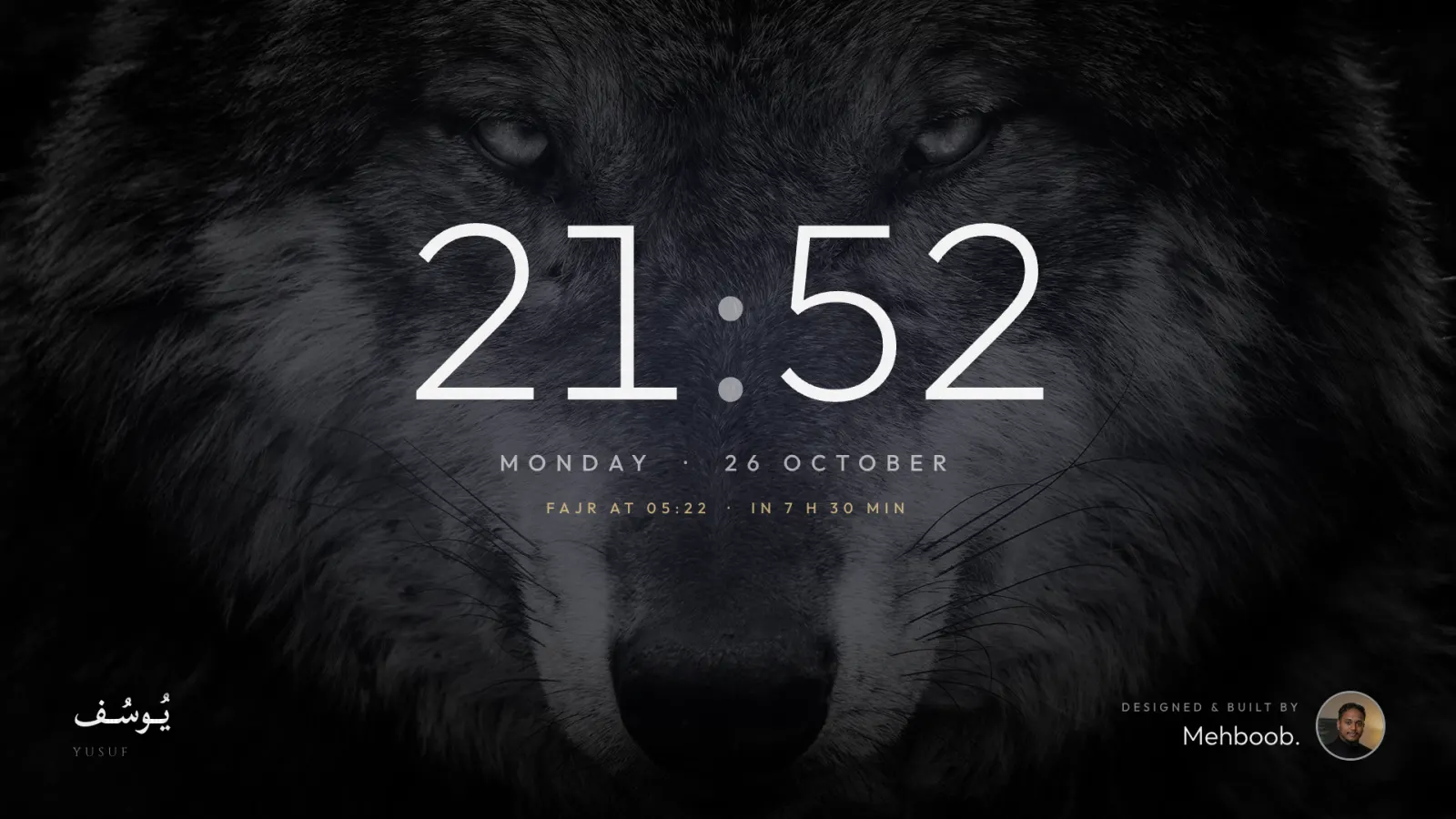 Screensaver: a large clock and date over the wolf, the next prayer time, and the maker's credit.