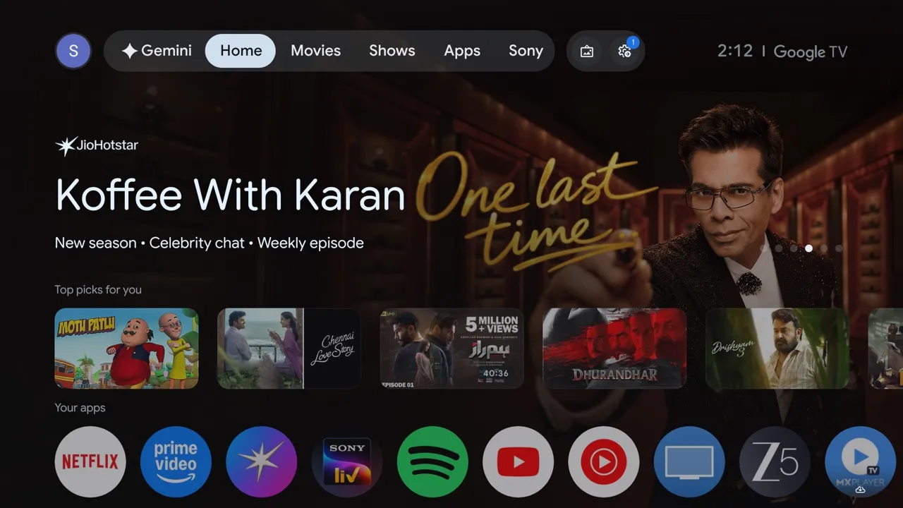 Stock Google TV home: a full-width promoted show, rows of recommendations, apps last.